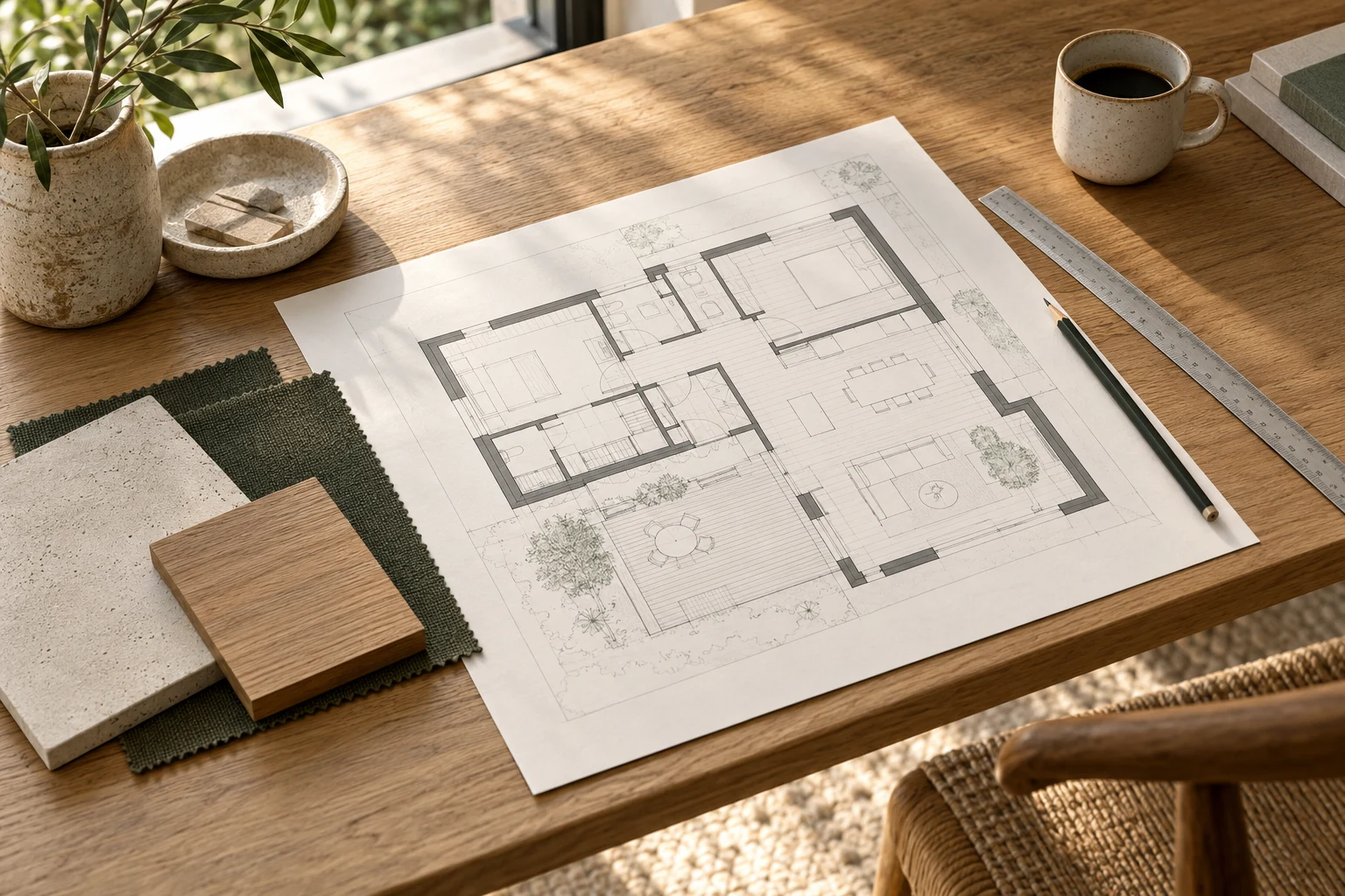 Planungsinspiration: Grundriss, Materialmuster und Kaffeetasse auf einem Holztisch