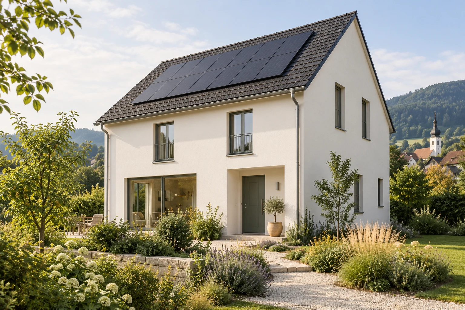 Wohninspiration: weißes Einfamilienhaus mit Photovoltaikdach und Vorgarten in dörflicher Umgebung