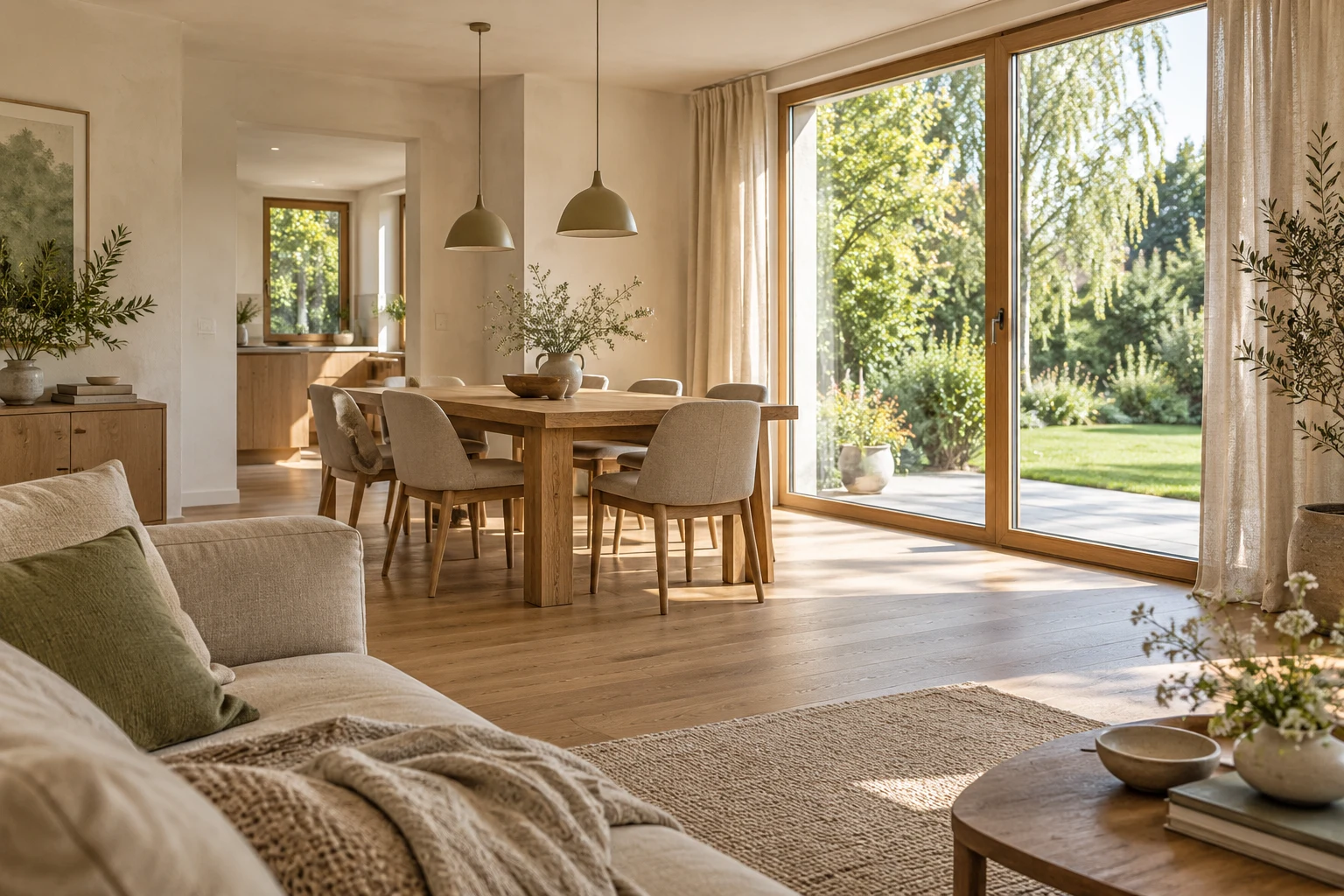 Wohninspiration: warmer Wohn-Essbereich mit Eiche, Creme- und Salbeitönen und Blick in den Garten